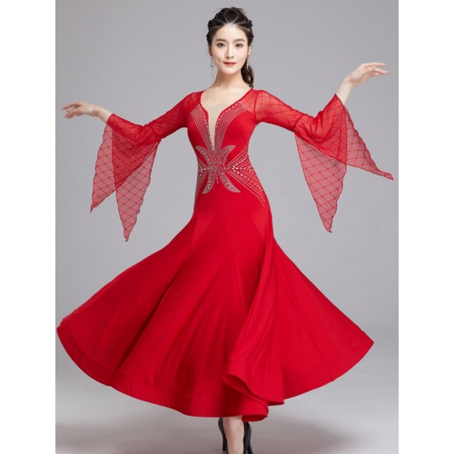 Black red ballroom dancing dresses  long flare sleeves for women girls v neck sparkle waltz tango foxtrot smooth dance long dress for woman